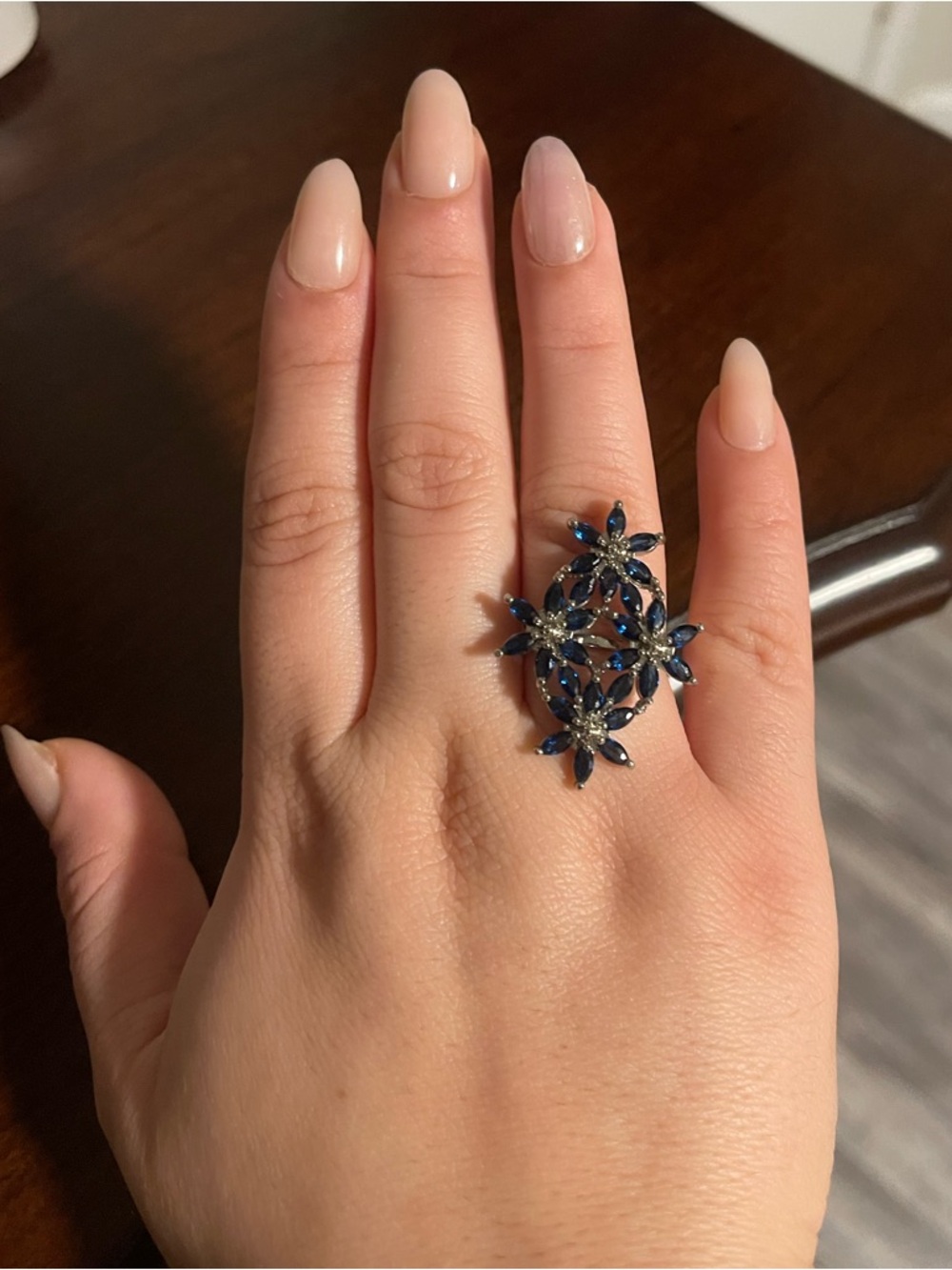 Elegant Navy Blue Floral Cluster Silver Ring - Women Jewelry